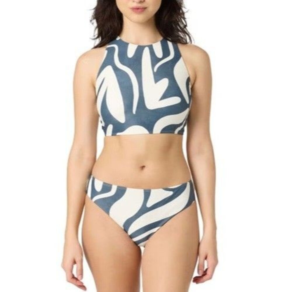 Sol Angeles Bikini Set Small S Navy Malibu High Neck Top & Mid Rise Bottom NWT
